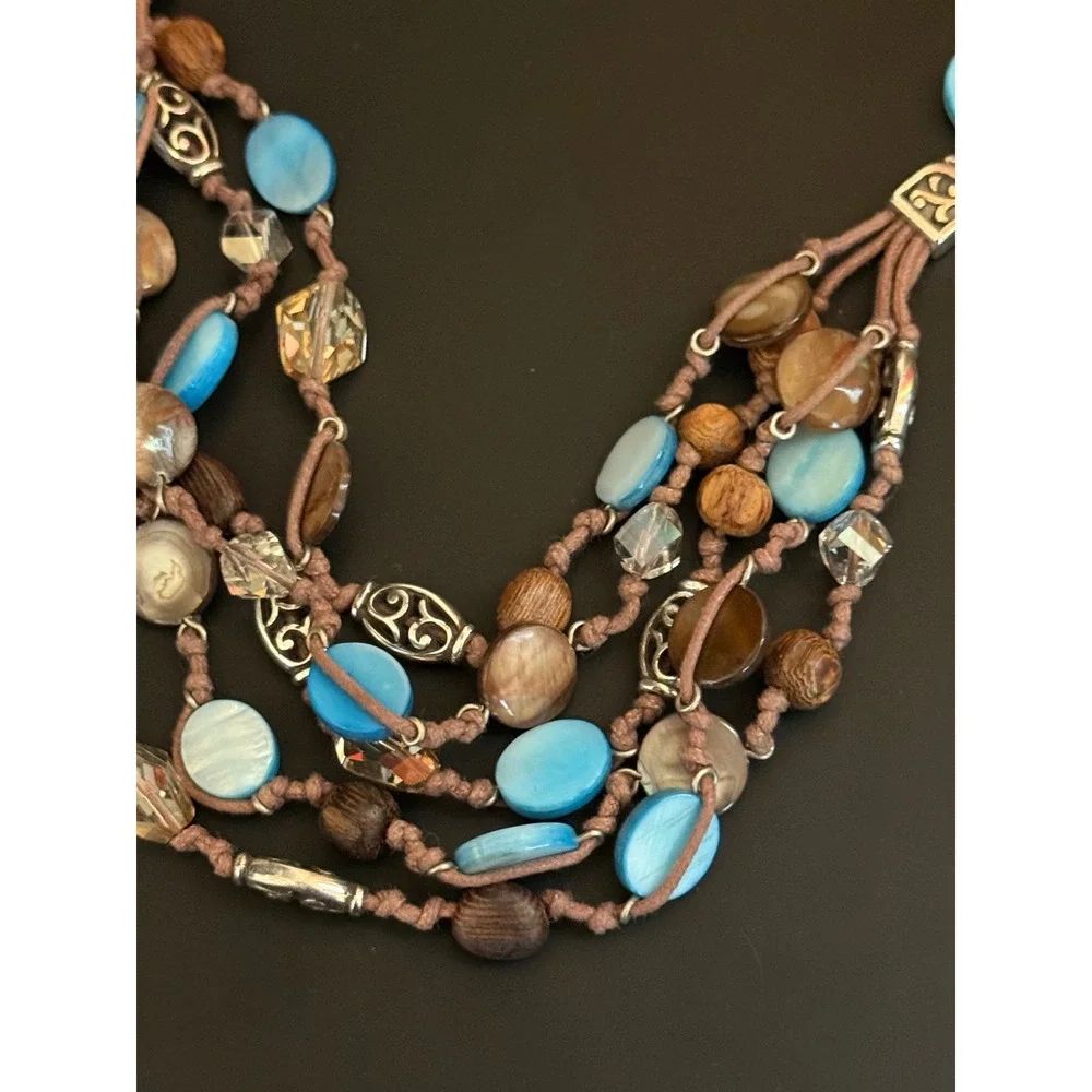Brighton Multi Strand Shell Wood Bead Necklace Silver Tone Blue Brown 18-20